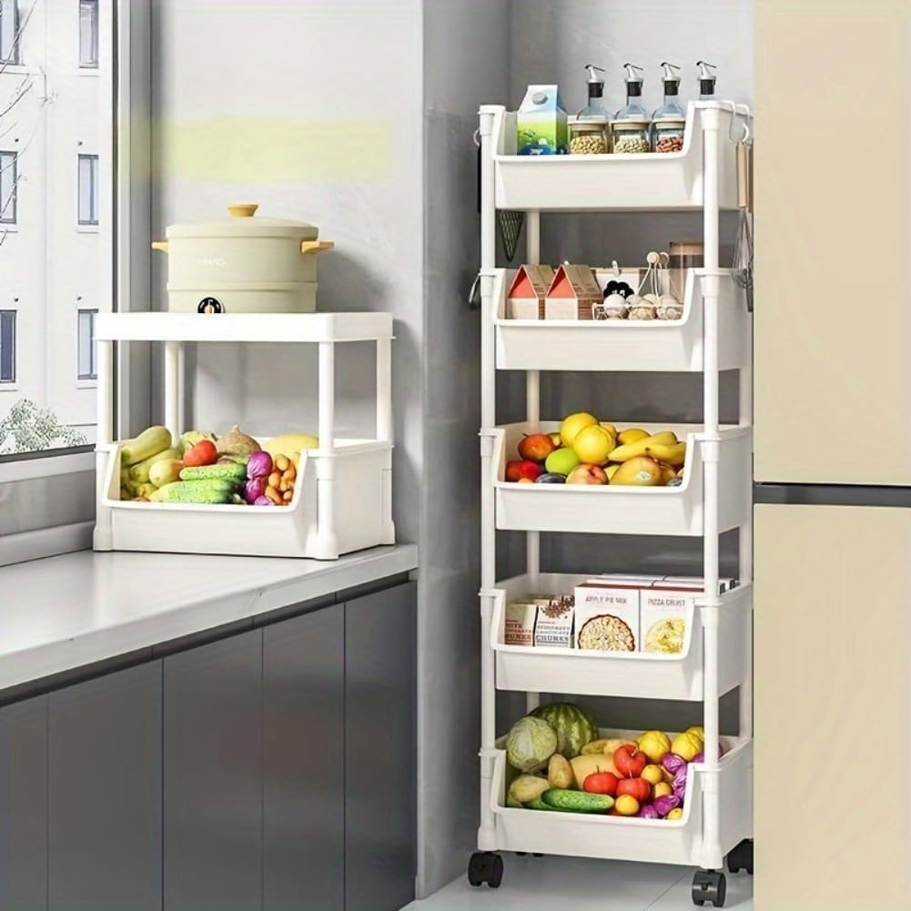 Bentifar 5-Tier Rolling Utility Cart with Hooks, Plastic Storage Organizer on Wheels for Kitchen, Bathroom, Office, and More