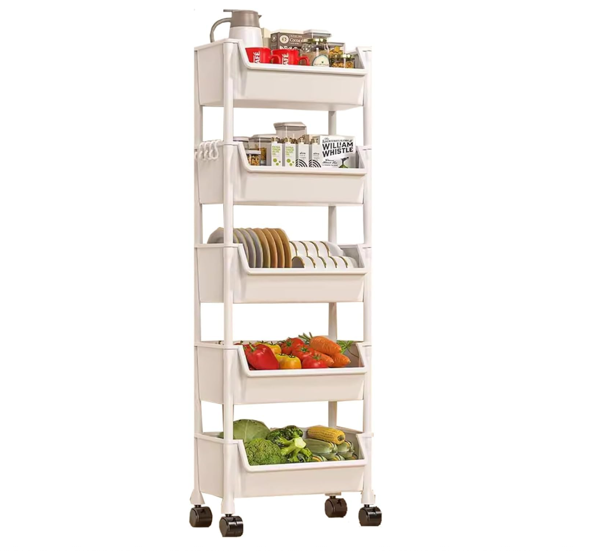Bentifar 5-Tier Rolling Utility Cart with Hooks, Plastic Storage Organizer on Wheels for Kitchen, Bathroom, Office, and More